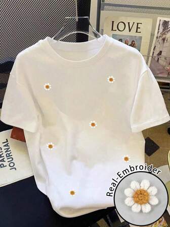 SHEIN EZwear Casual Simple Girls Trip Embroidered Daisy Floral Pattern Fitted Crew Neck Short Sleeve Woman T-Shirt,Slightly Sheer Suitable For Summer, Vacation, Music Festival, Real Embroidery, Basic Versatile