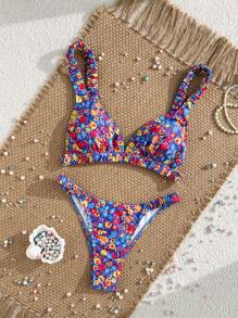 Swim Vcay Conjunto de 2 piezas de traje de baño de verano de 2025 con top corto y Bottom de bikini con estampado floral aleatorio para vacaciones, adorable traje de baño