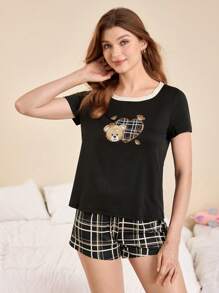SHEIN 女士小熊图案圆领短袖上衣和格子短裤睡衣套装