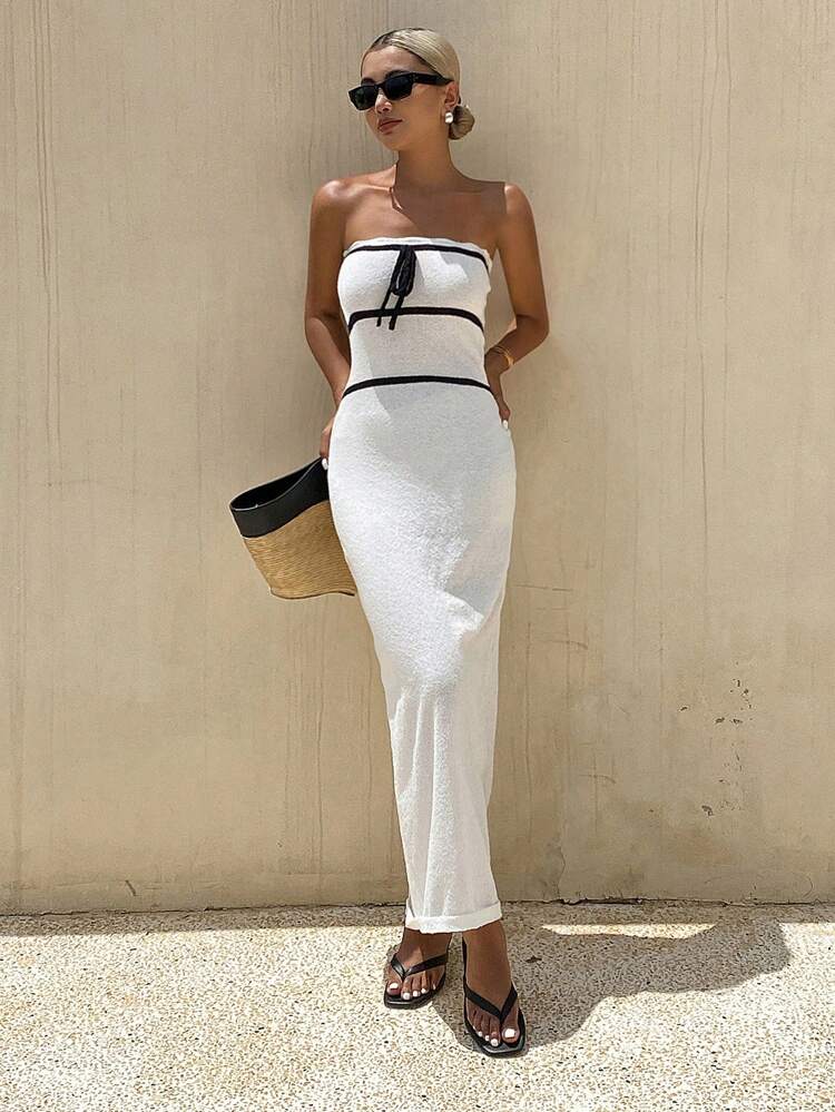 Women's Summer Black & White Contrast Bowknot Decor Sweater Dress Vacation
