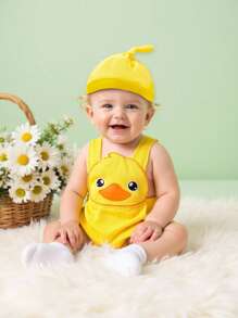 SHEIN Playful Pals 男女通用婴儿小黄鸭刺绣连体衣，可爱休闲舒适设计，适合春夏季