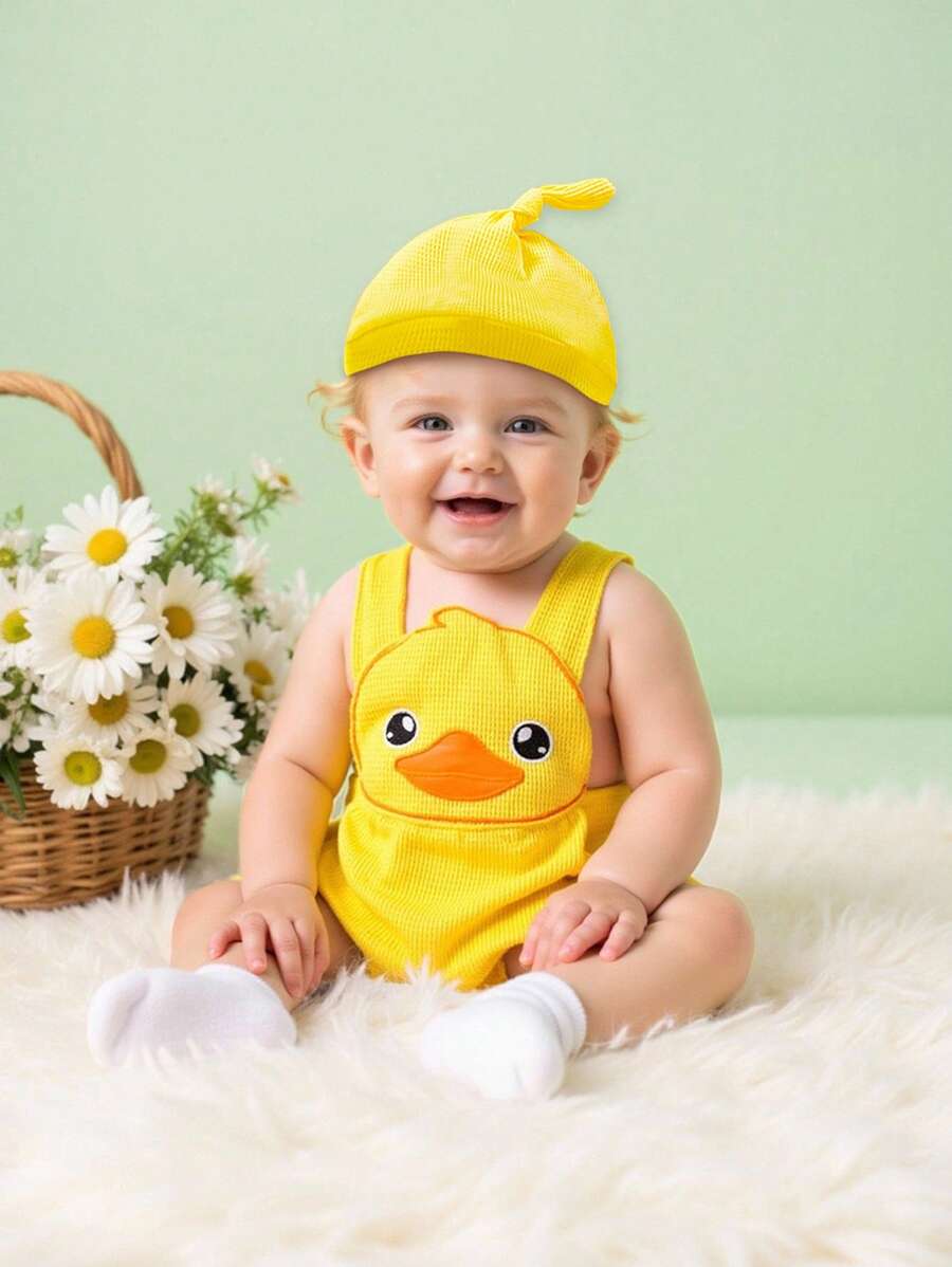 SHEIN Playful Pals 男女通用婴儿小黄鸭刺绣连体衣，可爱休闲舒适设计，适合春夏季