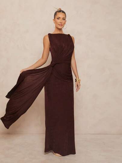 Lumalex Vestido maxi marrón elegante con cuello de barco sin mangas, línea A, bajo asimétrico y detalle de lazo en la cintura, para fiesta de vacaciones, festival, salida, playa, boda, ceremonia, banquete y talla grande ocasiones