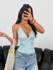 Glamine 女式性感亮片紧身露背背心 - 淺藍色 - 查看 6