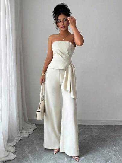 Elenzga Conjunto de 2 piezas de top de tirantes asimétrico + pantalón de pierna recta en color liso, elegante para el trabajo y uso diario para mujer