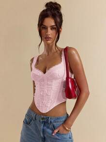 SHEIN x Eduarda Gutierrez SHEIN BAE 白色 3D 花卉刺绣紧身吊带背心、女式短款上衣、白色紧身胸衣 - 珊瑚粉 - 查看 5