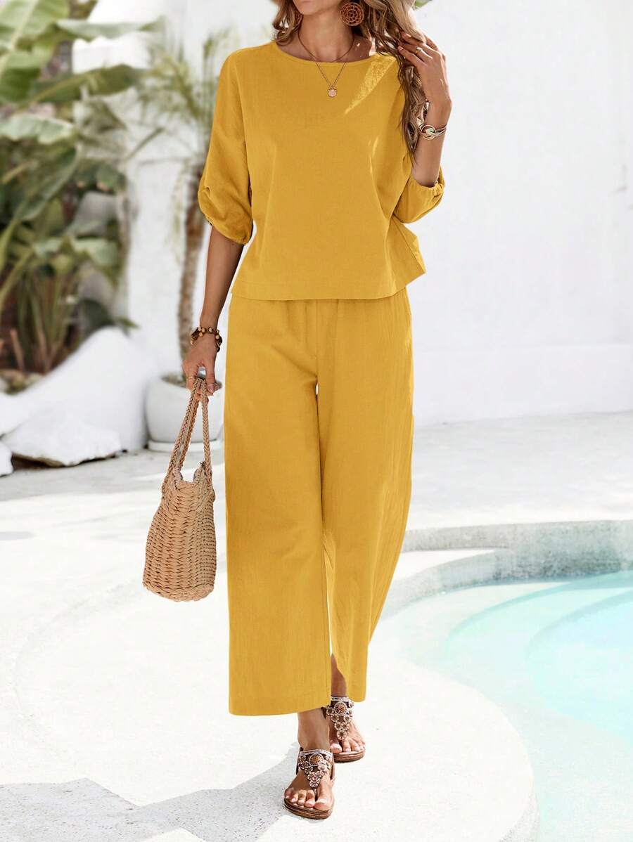 EMERY ROSE 2件套女式军绿色圆领七分袖上衣和长裤