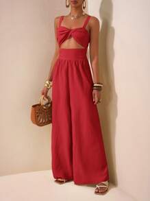 Zivah 2025新款春夏休闲度假扭纹吊带镂空后背纹理面料女长款阔腿裤卡其色婚礼季音乐节派对街头沙滩海边度假波西米亚风-A - 紅色 - 查看 3