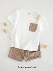 Cozy Pixies Conjunto de 2 piezas de niño con decoración de bolsillo, top de manga corta de cuello redondo y shorts de cintura elástica