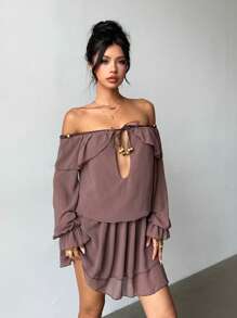 Aloruh Vestido corto con hombros descubiertos, manga larga y ribete con volantes de moda para mujeres - Café integral - Ver 6