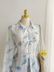 SHEIN EZwear Plus Size Summer Vacation Casual Beachside Shell Print Lightweight Long Cardigan - Blue and White - View 1