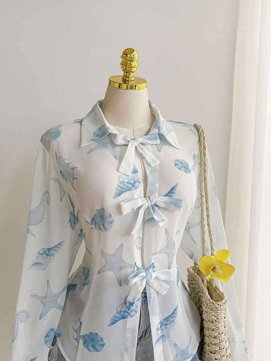 SHEIN EZwear Plus Size Summer Vacation Casual Beachside Shell Print Lightweight Long Cardigan - Blue and White - View 1