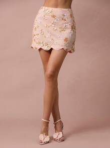 Enchnt Women's Elegant Peach Summer Mini Skirt,Tea Party Orange Sequined Embroidered Scalloped Trim Skirt For Birthday,Vacation&Wedding Guest - Orange - View 5