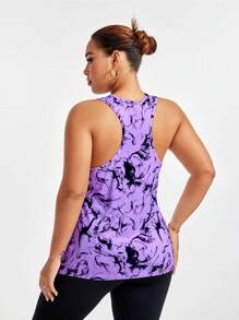 Easithlete Plus Size All-Over Print Asymmetric Hem Round Neck Summer Sports Top - Purple - View 2