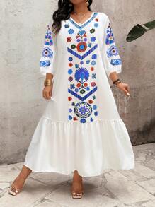 SHEIN LUNE Plus Size Casual Vacation Style Floral V-Neck Dress - Multicolor - View 5