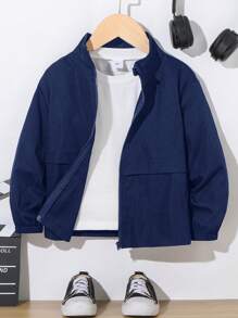 1 件年轻男孩黑色休闲前开长袖夹克，可爱，学院风，百搭，多功能设计，适合学校、日常、通勤、幼儿园、生日派对、婚礼、洗礼、秋冬拉链夹克夹克男孩海军夹克儿童夹克 - 藏蓝色 - 查看 6