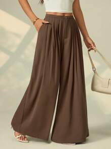 SHEIN PETITE Women's Casual Loose Solid Color Wide Leg Pleated Pocket Pants