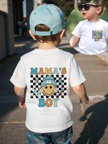Baby Boy Summer Casual Cute Checkerboard Face "MAMA's BOY" Letter Print Short Sleeve Round Neck T-Shirt