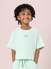 SUMWON Waffle Knit Two Piece Summer Leisure Co-Ord Set Boys Track Tape Side Sport Wear Unisex Kids Casual Outfit - Green - View 3