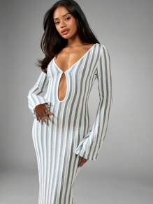 MISSGUIDED 条纹长袖锁孔超长海滩罩衫透明度假装假日长袍泳池派对泳衣太阳裙 - 藍色 - 查看 3