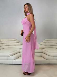 Roylia Women's Elegant Sleeveless V-Neck Draped Dress, Suitable For Party - Pink - View 5