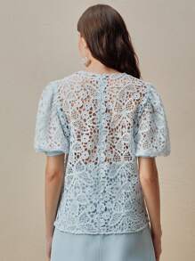 Anewsta Elegant New Lace Sheer See-Through Lantern Sleeve Round Neck Women's Top/T-Shirt/Blouse For Spring/Summer - Baby Blue - View 2