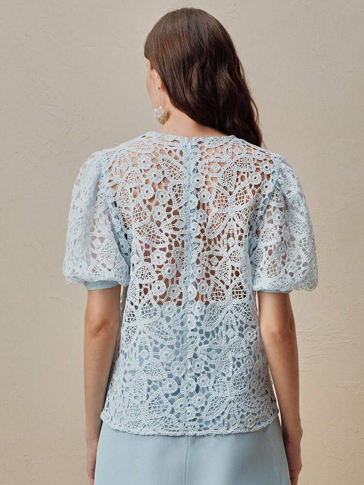 Elegant New Lace Sheer See-Through Lantern Sleeve Round Neck Women's Top/T-Shirt/Blouse For Spring/Summer