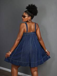Slaydiva 大码女式夏季休闲牛仔吊带连衣裙，明线设计 - 中等水洗藍 - 查看 2