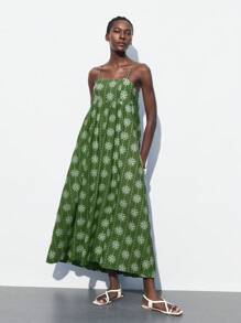 Maija 2025 新款夏季女式碎花喇叭下摆休闲时尚度假舒适连衣裙，度假连衣裙 - 綠色 - 查看 7