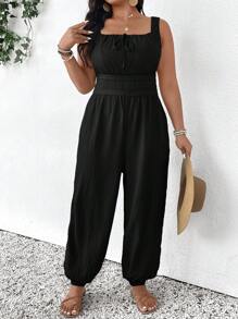 SHEIN Frenchy Bộ đồ liền thân không tay buộc dây ren màu trơn cỡ lớn cho nữ, mùa hè - màu đen - Xem 7