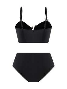 Swim Oasis 2pcs 2025 New Style Women Swimsuit Set, Solid Shoulder Strap Top & High Waist Shorts With Mesh Beach Dress, Summer Casual Swimwear