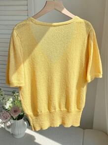 Comfortcana Butter Yellow Women V-Neck Short Sleeve Single-Breasted Knitted Sweater Top Women Summer Clothing Yellow Knitted Women Summer Sets Yellow Blouse Summer Cardigan For Women Cardigan For Women For Summer - Yellow - View 2