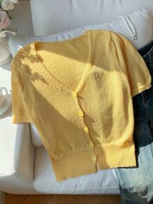 Comfortcana Butter Yellow Women V-Neck Short Sleeve Single-Breasted Knitted Sweater Top Women Summer Clothing Yellow Knitted Women Summer Sets Yellow Blouse Summer Cardigan For Women Cardigan For Women For Summer - Yellow - View 4
