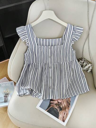 INAWLY 新款时尚条纹插肩袖方领休闲短袖女式上衣