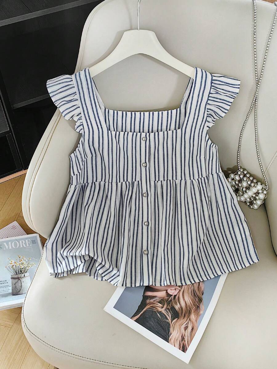 INAWLY 新款时尚条纹插肩袖方领休闲短袖女式上衣 - 藏蓝色 - 查看 1