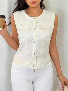 DAZY Women's Crew Neck Lace Trimmed Utility Regular Jacket, Summer Vest