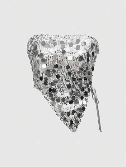 Grunge Punk Camiseta de tirantes sexy con dobladillo asimétrico de parches con lentejuelas para mujer