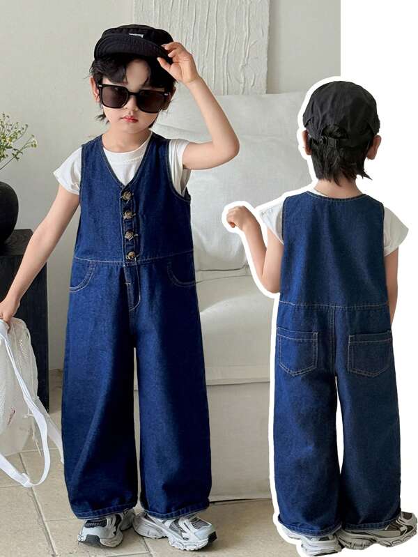 Toddler/Young Boy Korean Basic Style Comfortable Simple Base Dark Blue Sleeveless Baggy Denim Jumpsuit Overalls For Kids Clothes Boys Costume Dailywear And Kids Four Seasons Clothes