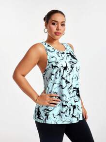 Easithlete Full Print Asymmetric Hem Round Neck Summer Sports Tank Top Glowmode Camo - Mint Blue - View 3