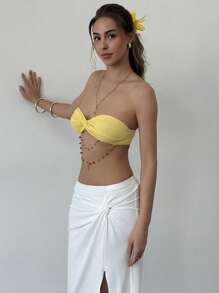 Aloruh 春夏季度假蓝色串珠黄色抹胸扭纹紧身性感女衬衫 - 黃色 - 查看 5