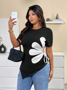 Elenzga Camiseta de Gola Redonda de Manga Curta Plus Size, Moda para o Verão - Preto - Visão 9