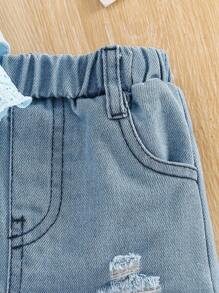 SHEIN Vintaside Kids 2件套女婴吊带蛋糕上衣+牛仔短裤套装，夏季 - 藍色 - 查看 6