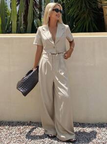 Livesso Bộ đồ nữ gồm áo croptop cổ bẻ màu trơn và quần ống rộng, trang phục công sở thoải mái, rộng rãi. - Màu Khaki - Xem 3