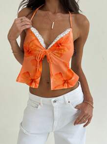Aloruh Top corto senza schienale da donna con stampa tropicale di ibisco arancione, collo alla halter e lacci legati, adatto per estate, vacanze, festival musicali, spiaggia