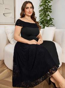 Modelyn Plus Size Elegant Solid Color Knit Lace Patchwork Off Shoulder Ruched A-Line Black Dress, Spring/Summer - Black - View 7