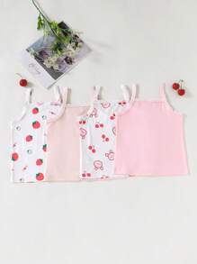4pcs/Pack Girls Strawberry,Rabbit,Cherry Print Knitted Camisole Tops,Pink,Summer,Family Matching Lace Trim Detail,Daily Wear,Vacation,Party Tops - Multicolor - View 2
