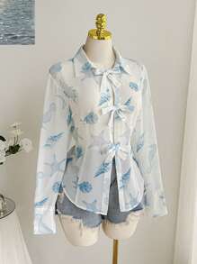 SHEIN EZwear Plus Size Summer Vacation Casual Beachside Shell Print Lightweight Long Cardigan - Blue and White - View 3