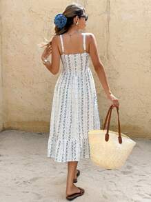 SHEIN Frenchy 女士花卉印花扭结无袖中长连衣裙，休闲度假沙滩裙 - 藍白色 - 查看 2