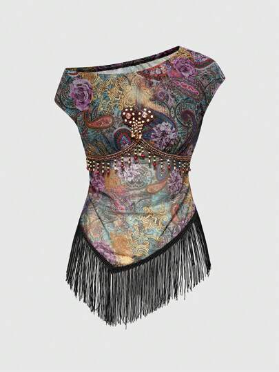 Top de t-shirt femme à imprimé cachemire rétro hippie, avec détails de perles, franges et perles en bois. Convient pour les festivals de musique western