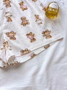 Teen Girls Spring & Summer Valentines, House, Clean Girl/American BM Style, Lace Ruffle Bow Bear Graphic Camisole Top And Shorts Cute Clothes Set